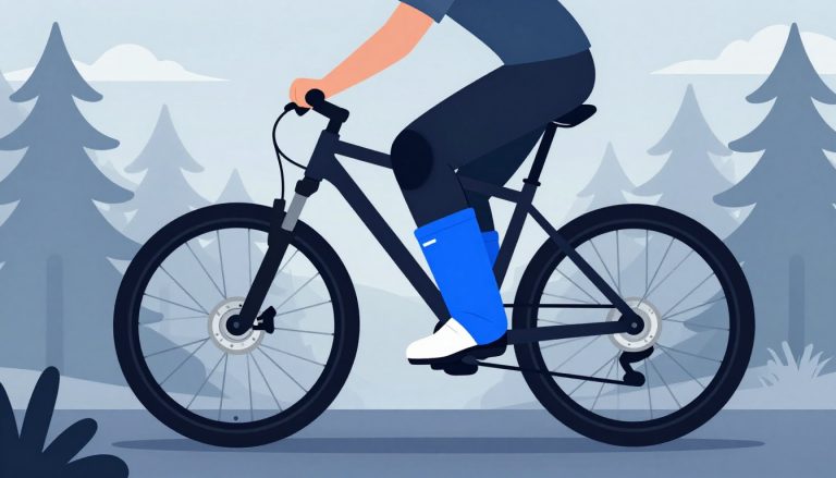 Un vététiste porte une botte isolante et une guêtre bleue sur un sentier forestier brumeux.