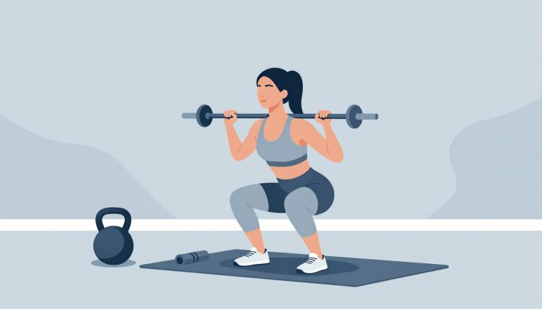 Une femme réalise un squat avec une barre dans une salle de sport lumineuse.