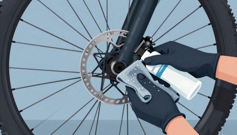 Une main gantée nettoie le disque de frein brillant d’une roue de VTT.