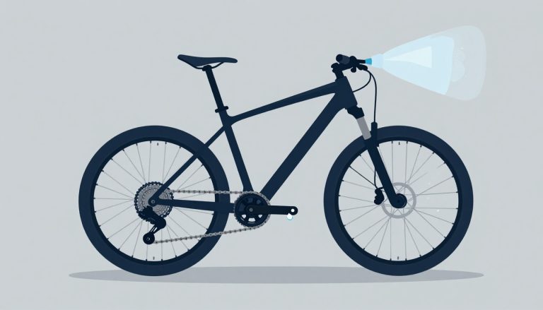 Une chaîne de VTT est brossée sur un support noir, avec un vaporisateur et du lubrifiant.