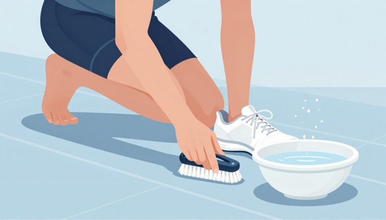 Un coureur nettoie des chaussures blanches avec une brosse et de l’eau.