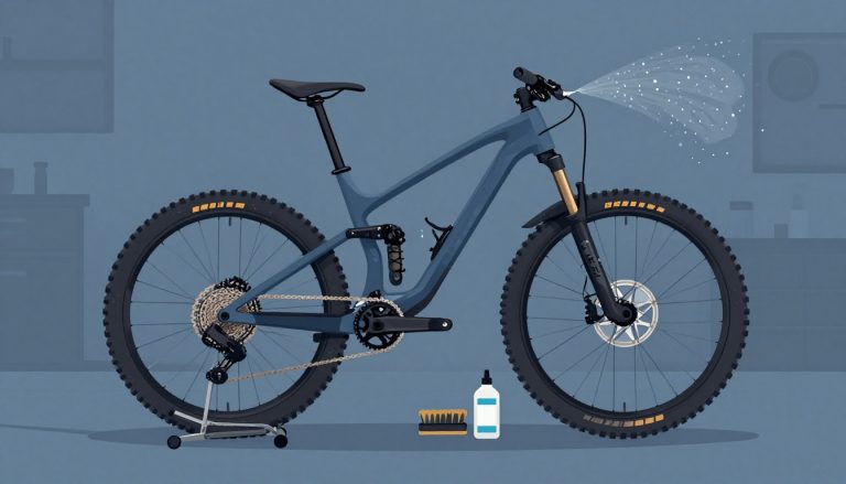 Un VTT boueux est nettoyé au jet d’eau dans un atelier.