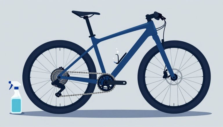 Une main nettoie la chaîne d’un VTT dans un bac métallique avec une brosse bleue.