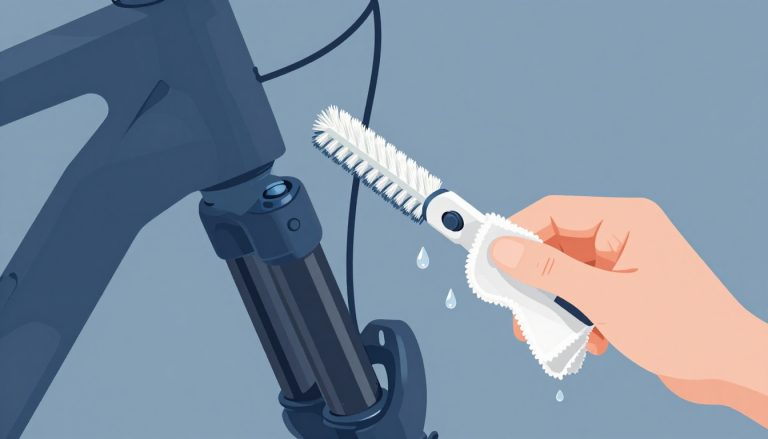 Une main nettoie les plongeurs d’une fourche de VTT avec une brosse et un chiffon blanc.