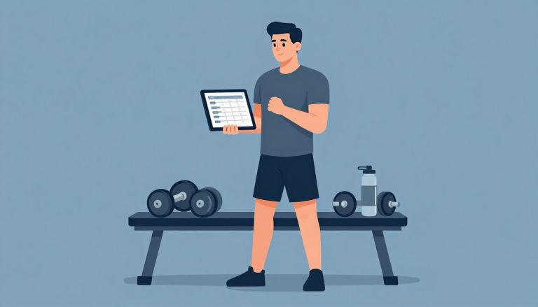 Un homme tient une tablette dans une salle de sport, près d’haltères et d’une bouteille.