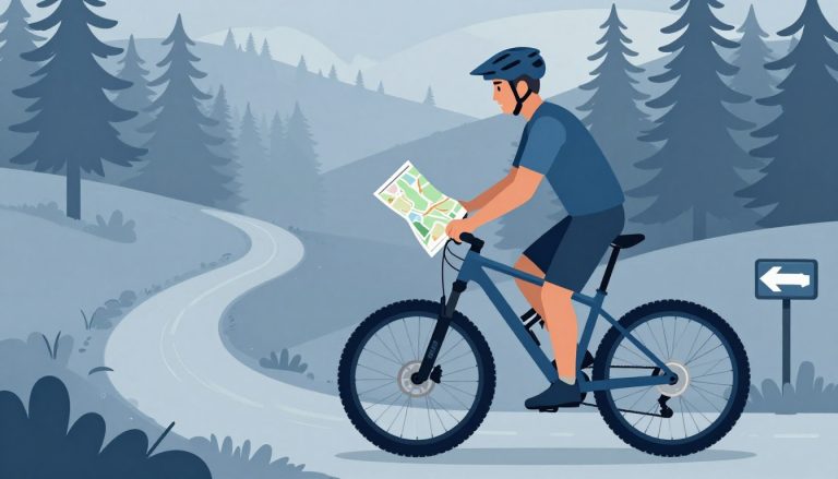 Un vététiste consulte une carte près de son vélo, dans une forêt de pins brumeuse.