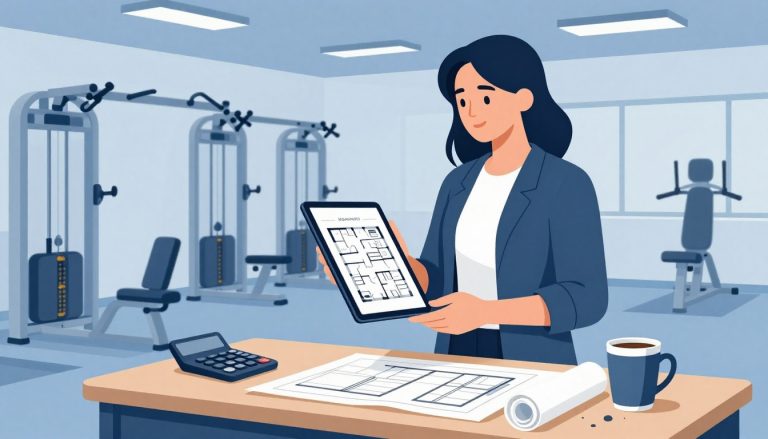 Un entrepreneur tient une tablette près d’un bureau, devant des machines de musculation éclairées en bleu.