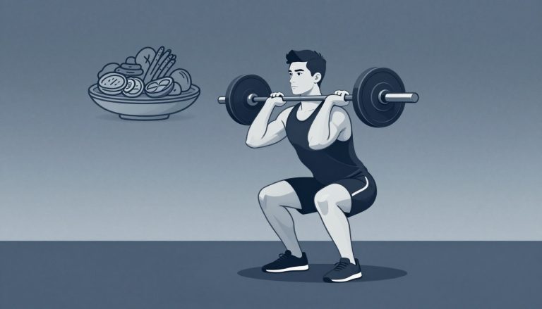 Un athlète fait un squat avec une barre, près d’une assiette équilibrée.