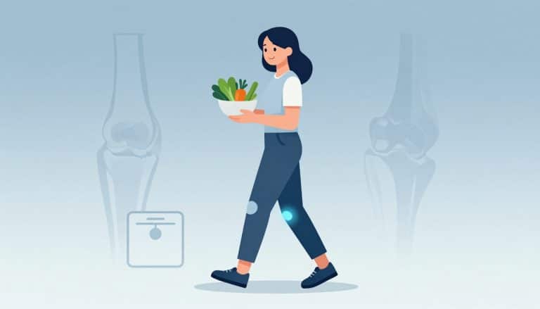 Une femme tient des légumes et une chaussure, avec le genou gauche mis en évidence.