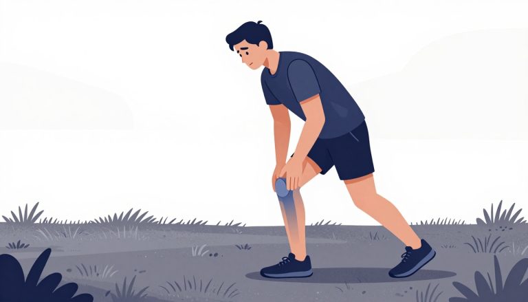 Un coureur tient son genou gauche douloureux sur un sentier herbeux.