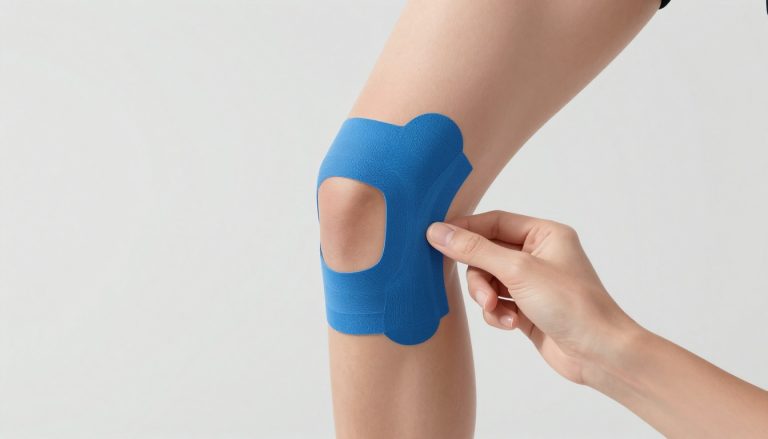 Genou fléchi avec une bande de K-Tape et une main gantée.