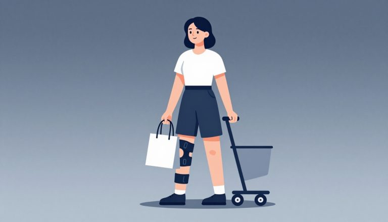 Une femme avec une genouillère porte un petit sac de courses près d’un chariot.