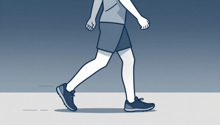 Coureur de profil posant légèrement le pied gauche sur un chemin.