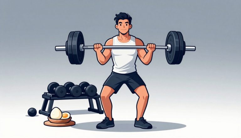 Un culturiste tient une barre chargée dans une salle de sport, avec des haltères et des œufs derrière lui.