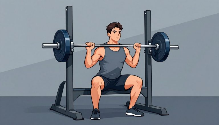Un homme athlétique réalise un squat avec une barre dans une salle de sport.