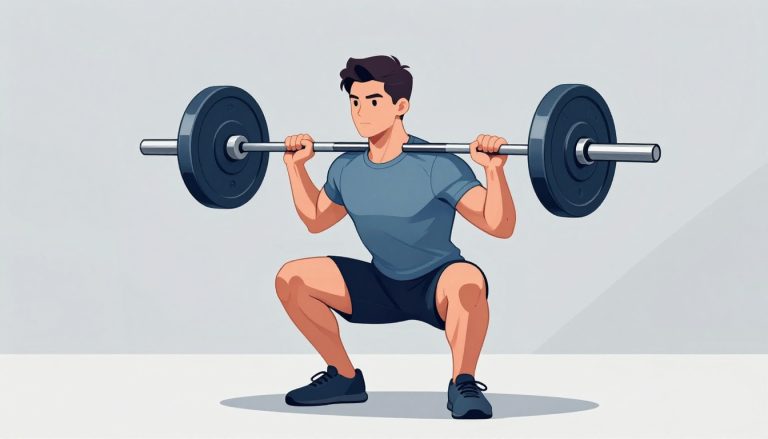 Un homme musclé effectue un squat avec une barre chargée sur les épaules.