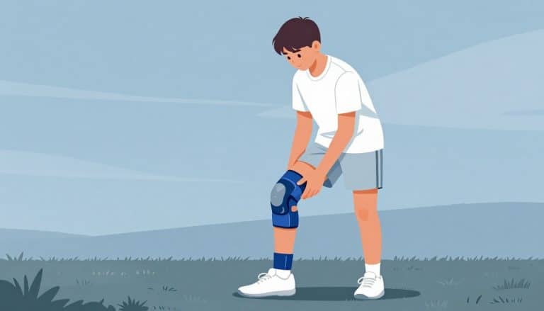 Un adolescent étire sa cuisse sur une pelouse, avec une genouillère bleue au genou droit.