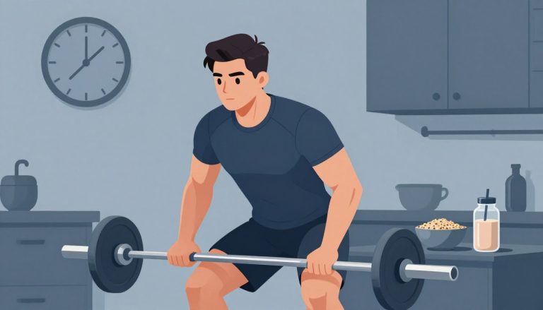 Un homme soulève une barre en squat, avec du quinoa, un shaker et une horloge dans la salle.