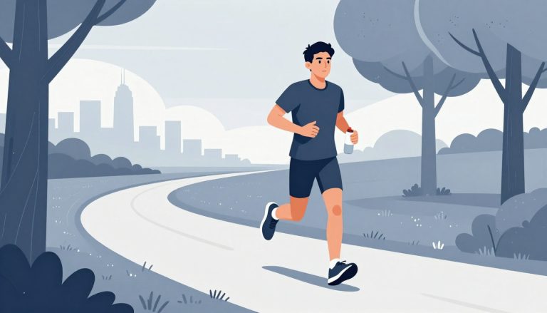 Un coureur avance sur un chemin bordé d’arbres avec une bouteille à la main.