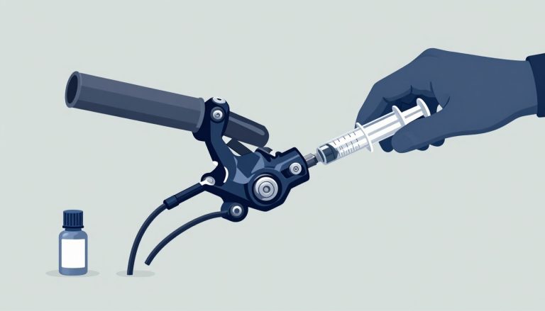 Frein hydraulique de VTT avec seringue, flacon et main gantée