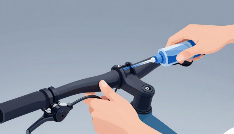 Des mains purgent un frein à disque VTT avec un tube et une bouteille.