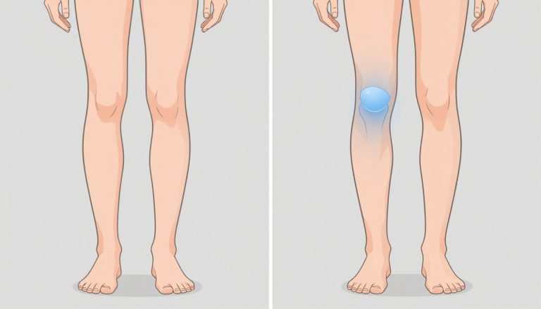 Deux genoux comparés : l’un normal, l’autre légèrement gonflé et marqué de bleu.