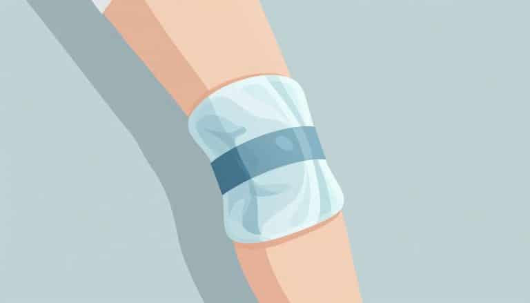 Une jambe avec le genou surélevé, une poche de glace et une bande élastique.