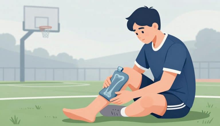 Un adolescent assis dans l’herbe applique une poche de glace sur son genou gauche.