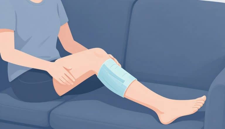 Une femme assise, le genou gauche surélevé avec une poche de glace et une bande bleue.