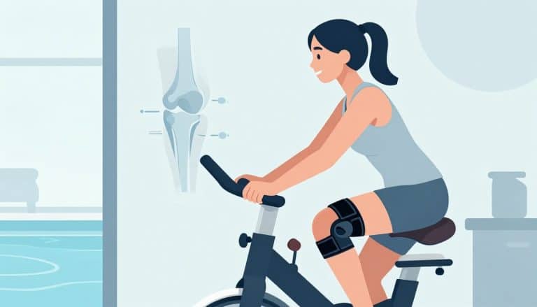 Une sportive en genouillère pédale sur un vélo dans un studio de kinésithérapie.