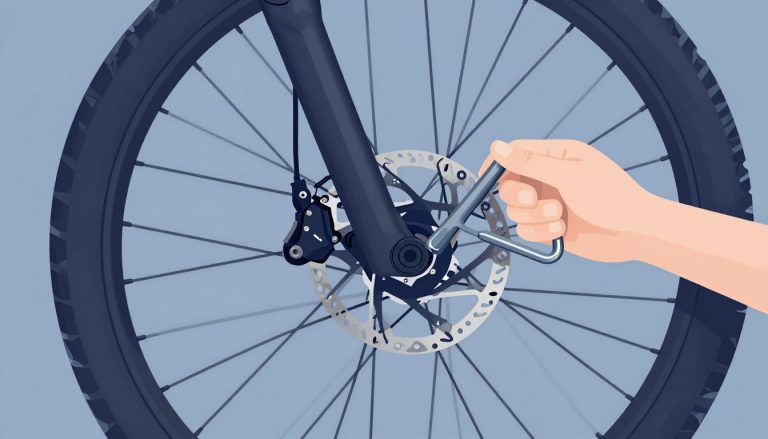 Roue avant de VTT, disque et étrier manipulés avec une clé Allen.
