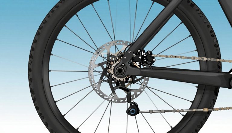Roue de VTT avec rotor, étrier hydraulique et main gantée.