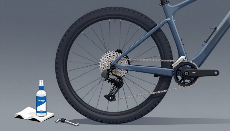 Roue arrière de VTT avec dérailleur, outils, dégraissant et chiffon.