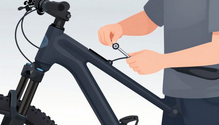 Un mécanicien ajuste le dérailleur avant d’un VTT avec une clé hexagonale.