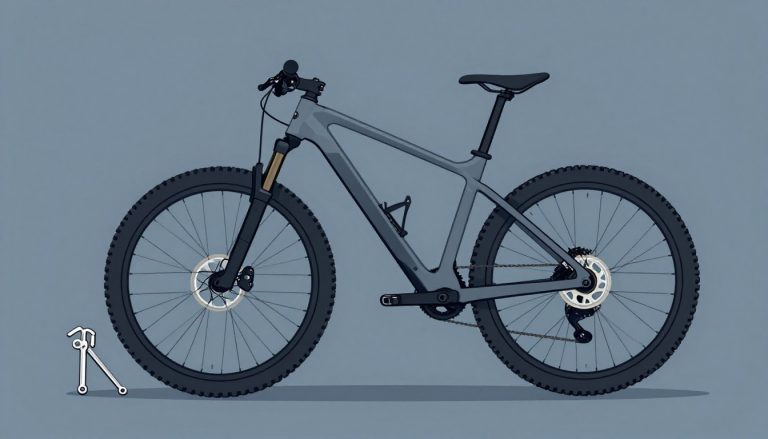 Un VTT surélevé présente un guidon rehaussé, des outils et un fond bleu.