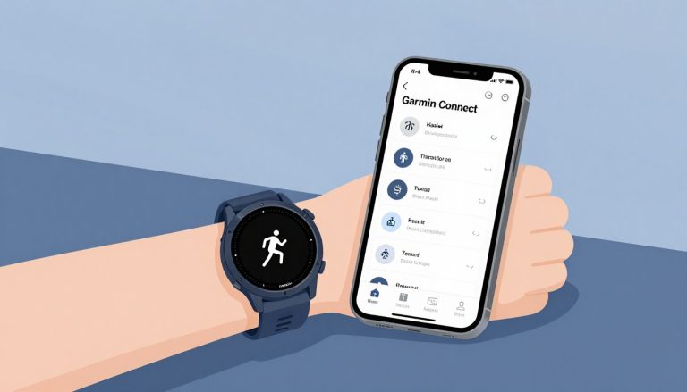 Une montre Garmin affiche la course à côté d’un téléphone avec Garmin Connect.