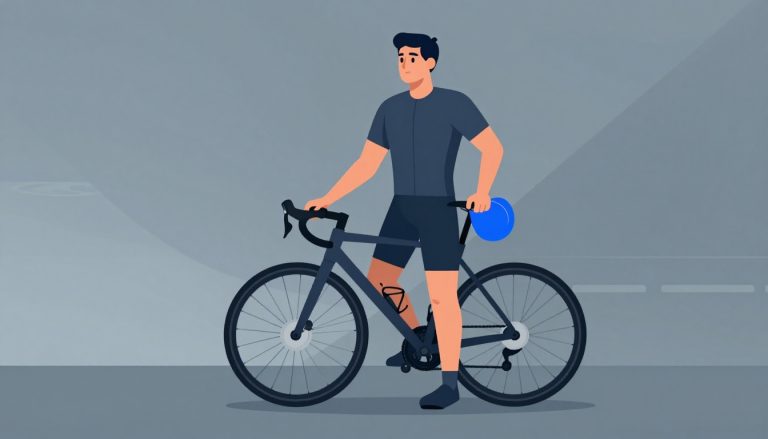Une personne tient un vélo de route, avec un bonnet de natation bleu sur l’épaule.