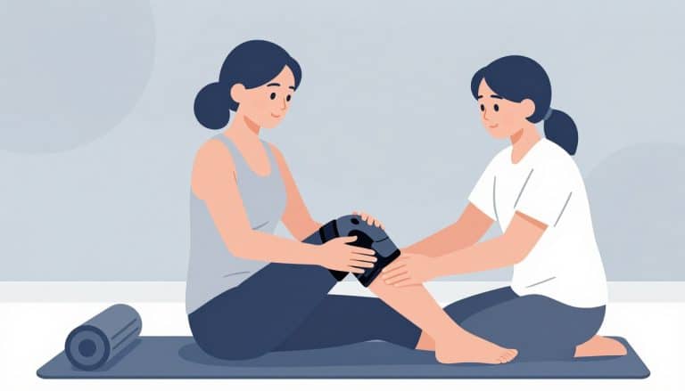 Une femme en attelle presse son genou contre un coussin, accompagnée par une physiothérapeute.