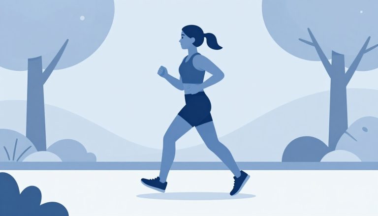 Une coureuse en mouvement, avec les muscles des jambes mis en évidence en bleu.