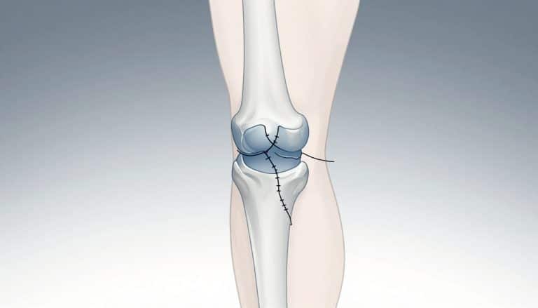 Genou de profil avec un ménisque fissuré relié par un fil de suture bleu.