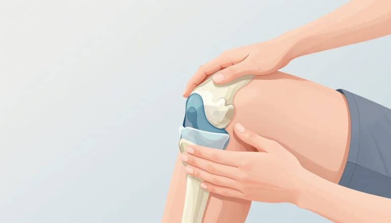 Illustration d’un genou avec cartilage endommagé, soutenu par la main d’un kinésithérapeute.
