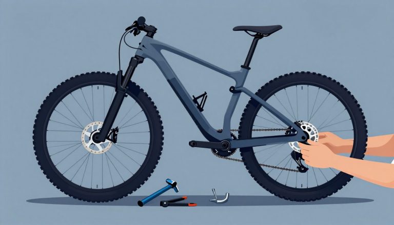 Des mains réparent la chaîne d’un VTT entouré d’outils sur un établi.