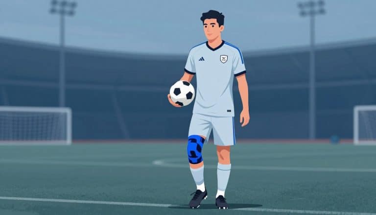 Un footballeur porte une genouillère bleue sur une pelouse, avec un ballon sous le pied.