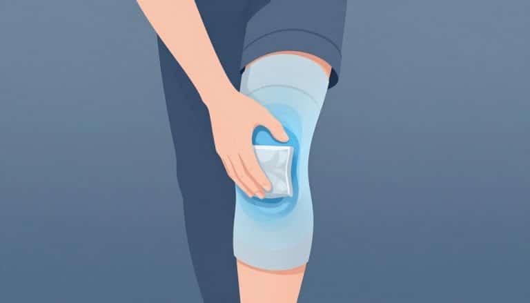 Un genou légèrement gonflé, rafraîchi par une poche de glace et entouré d’une bande compressive.