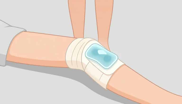 Une jambe surélevée avec le genou bandé sous une poche de glace.