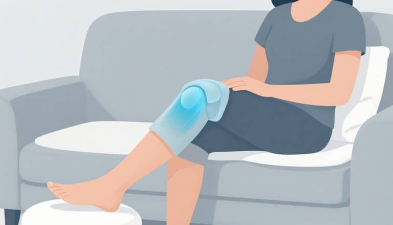Une femme sur un canapé maintient son genou surélevé avec une poche de glace.