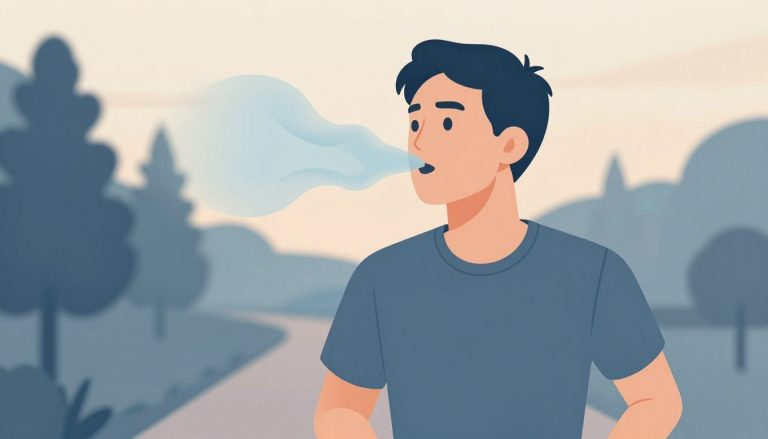 Un coureur respire sur un sentier forestier, avec un léger tourbillon bleu autour de la bouche.