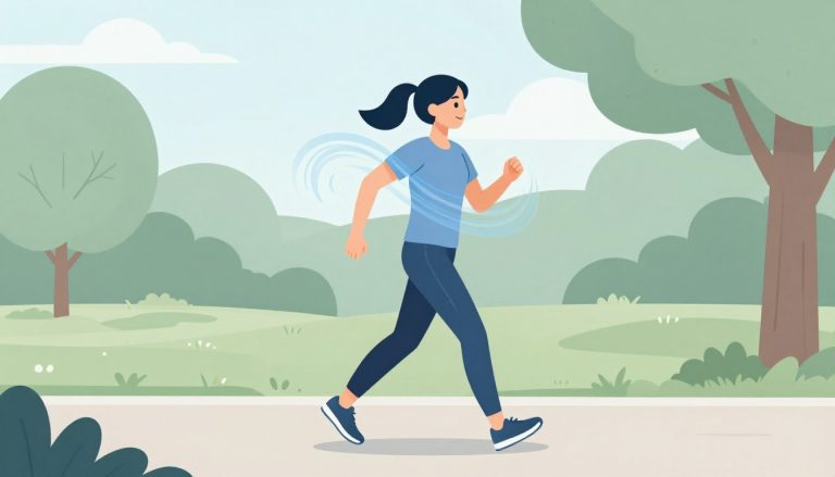 Une coureuse avance sur un chemin arboré, entourée d’un mouvement bleu symbolisant une respiration calme.