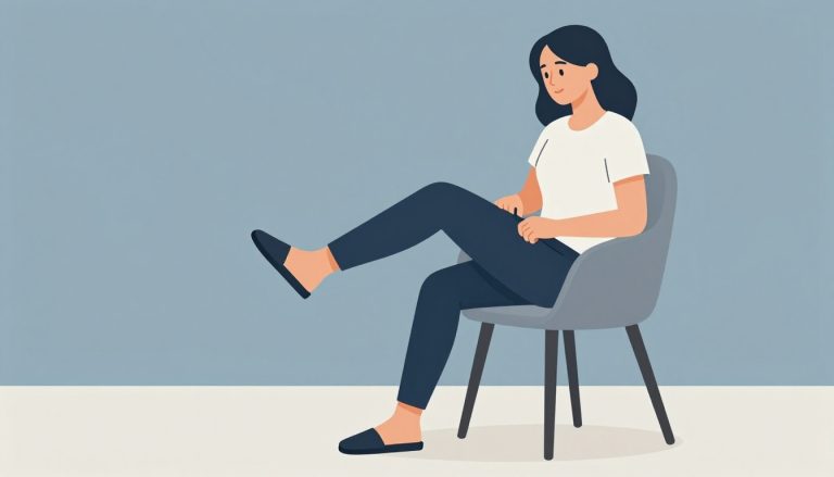 Une femme assise enfile un pantalon extensible et une chaussure stable.