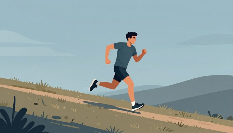 Un coureur déterminé monte une colline herbeuse sous un ciel pâle.